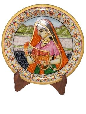 Hand Painted Marble 6” Plate Indian Art White Makrana Marble Boho Decor NIB